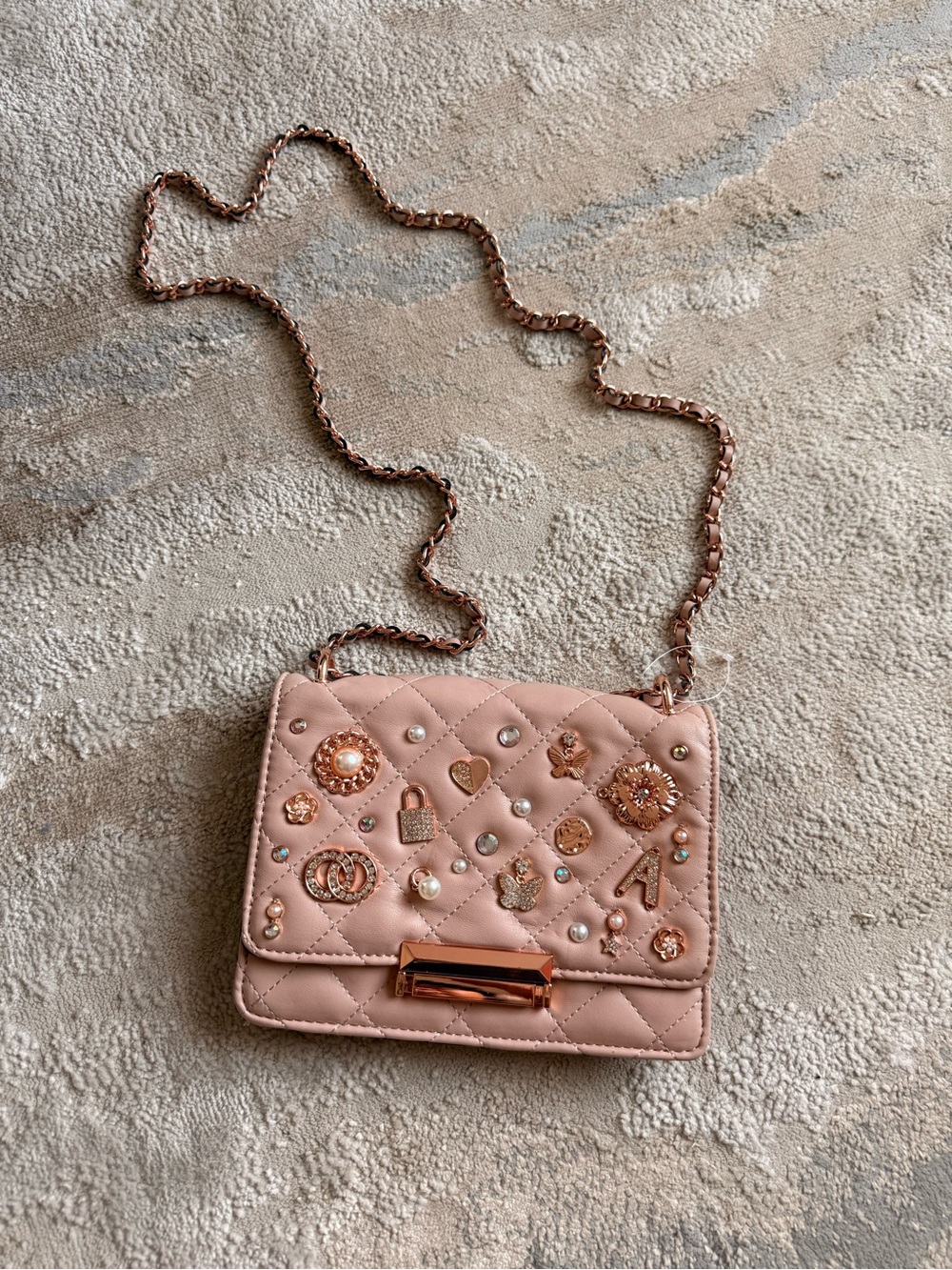 Aldo Blush Pink Quilted Crossbody Bag with Rose Gold Charms